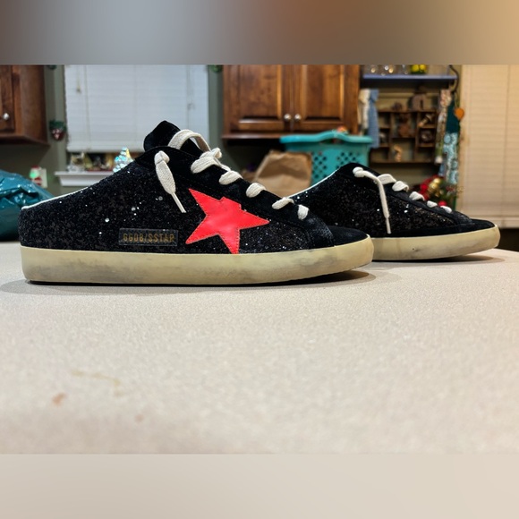 GOLDEN GOOSE Super-Star distressed glittered leather suede slip-on sneakers 41 - Picture 16 of 17